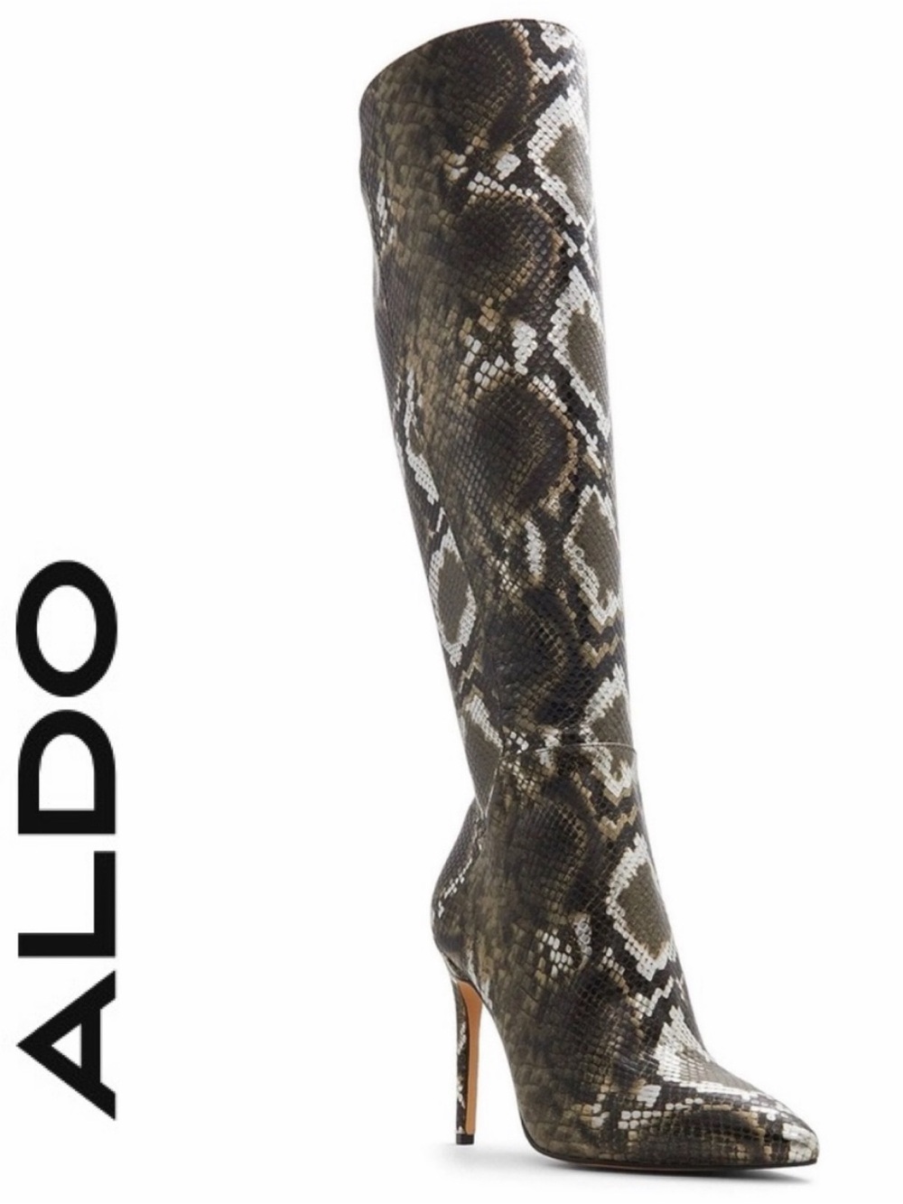 ALDO 🐍 metallic Snake-Print Over-The-Knee Stiletto Boot in Brown and Cream